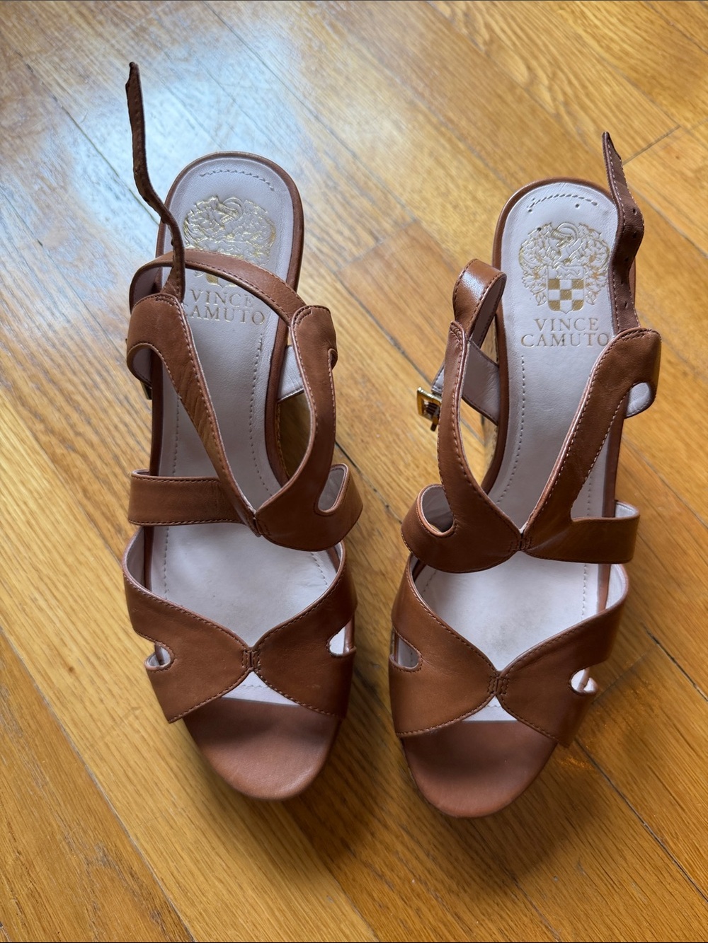 Vince Camuto Cognac Brown Leather Cutout Strappy Sandals